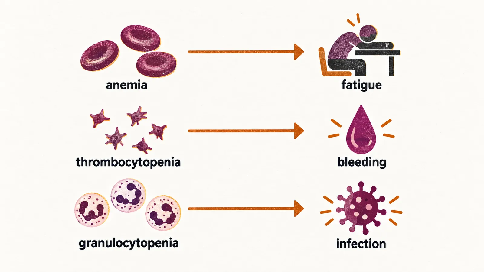Three rows pair a falling blood count with its symptom: anemia with fatigue, thrombocytopenia with bleeding, and granulocytopenia with infection.