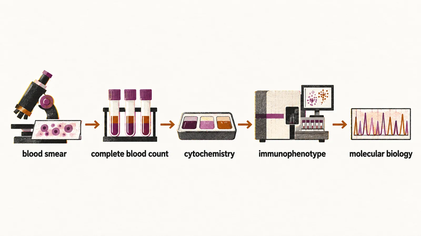 A left-to-right chain of five linked stations: a blood smear, a complete blood count, cytochemistry, immunophenotype, and molecular biology.