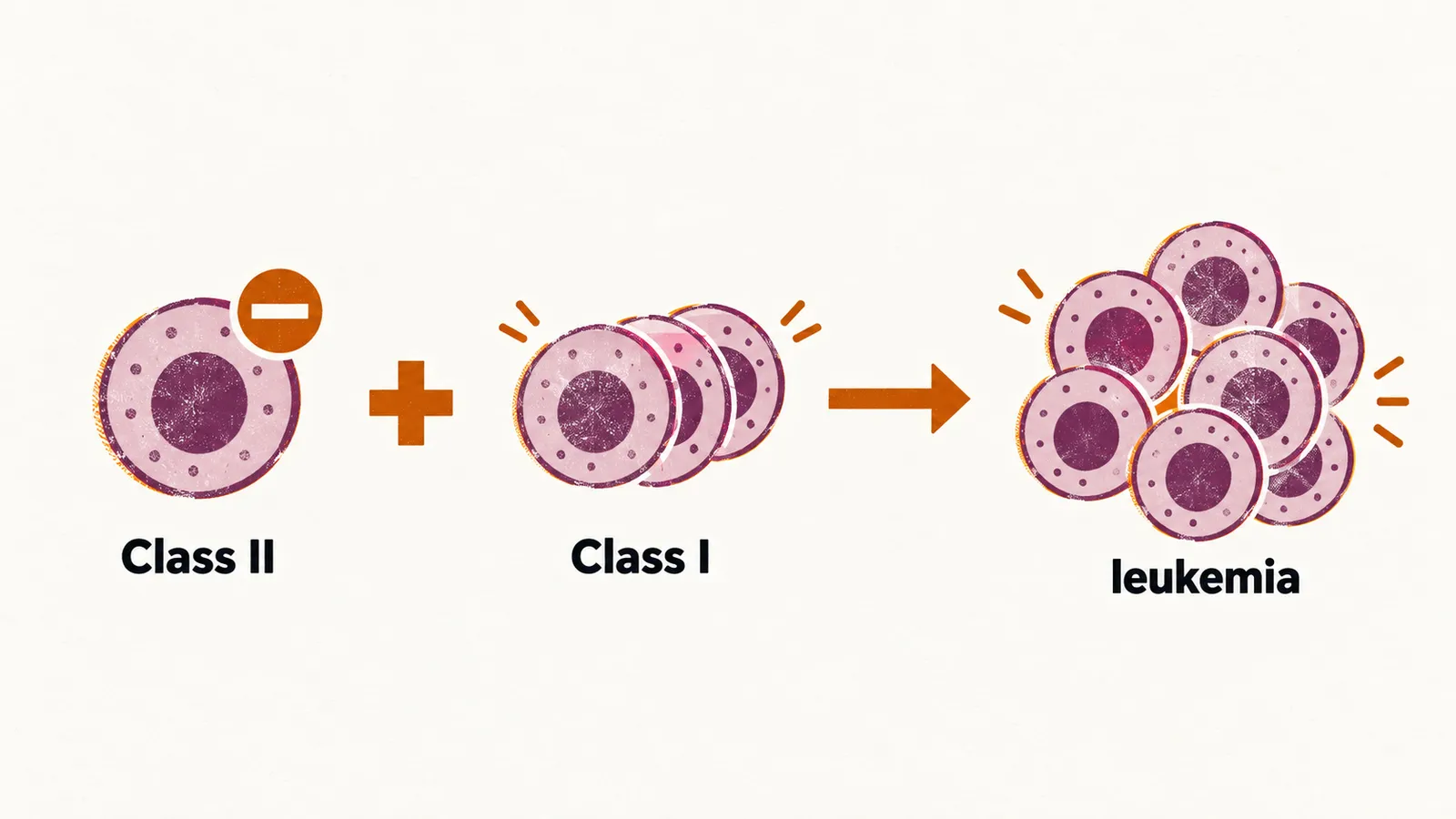 A cell held immature labelled Class II and a rapidly dividing cell labelled Class I, joined by a plus sign, lead by an arrow to a cell that multiplies without maturing, labelled leukemia.