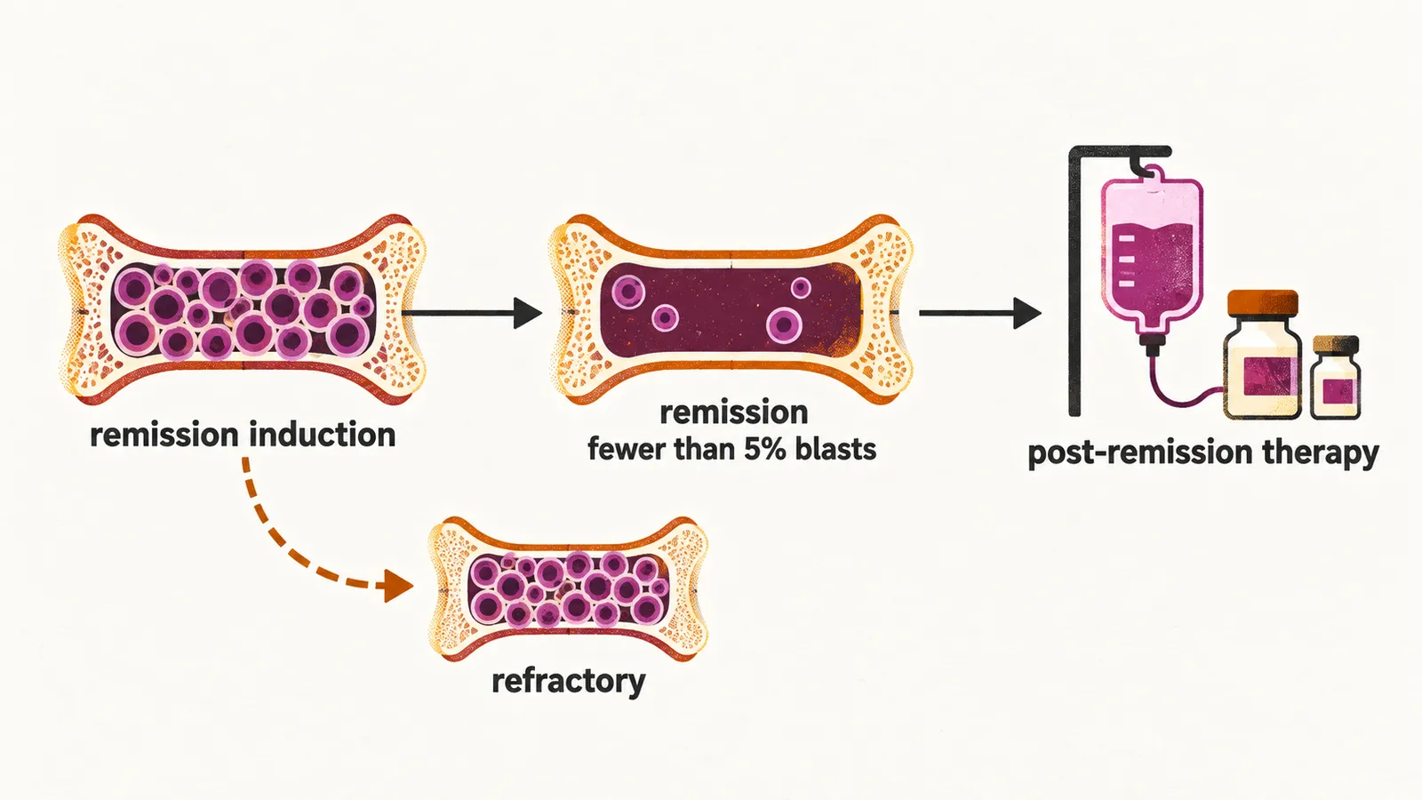 A pathway from a marrow crowded with blasts labelled remission induction to a marrow in remission with fewer than 5% blasts, then to post-remission therapy, with a branch labelled refractory.