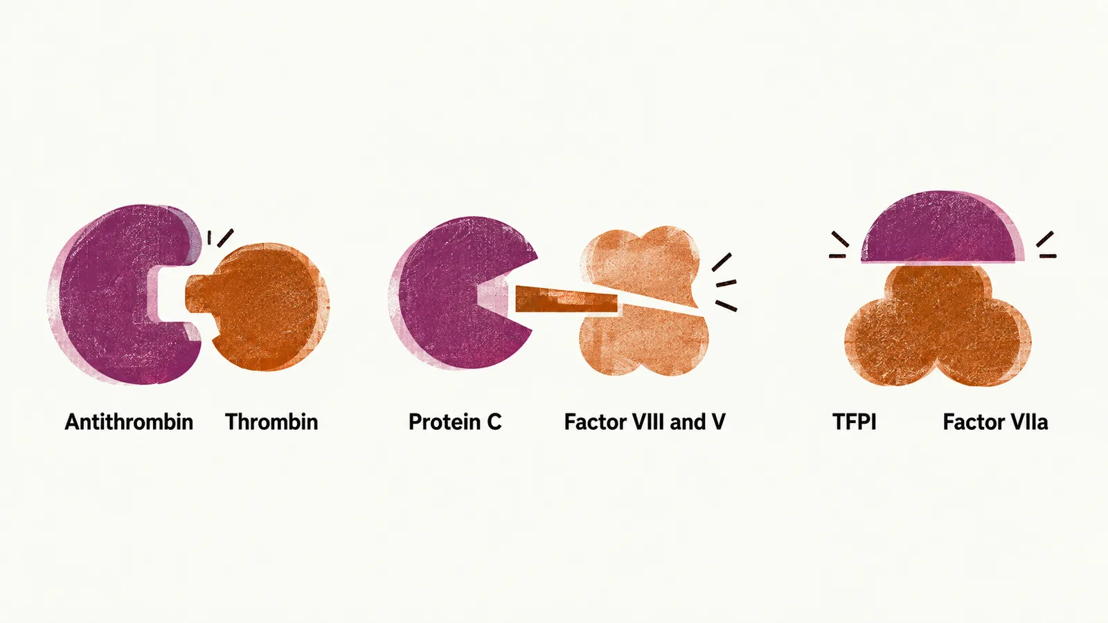 Three pairs show each plasma inhibitor blocking its target, antithrombin blocking thrombin, protein C inactivating factors VIII and V, and TFPI capping factor VIIa.