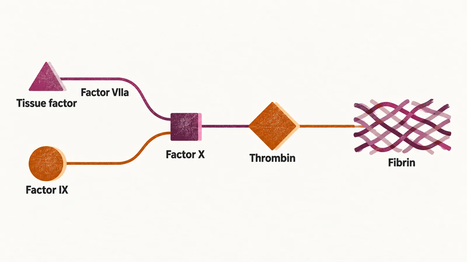 A tissue factor and factor VIIa triangle and a factor IX circle converge on factor X, then a strand passes through thrombin into a fibrin mesh.