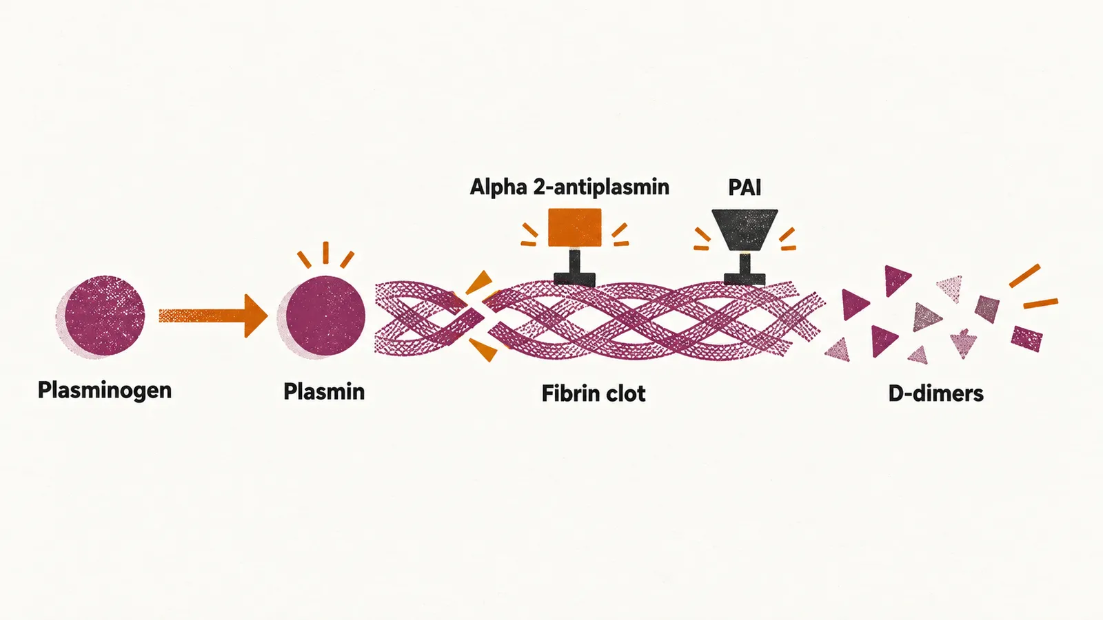 Plasminogen becomes plasmin, which cuts a crosshatched fibrin clot into small D-dimer fragments, while α2-antiplasmin and PAI press on the strand.