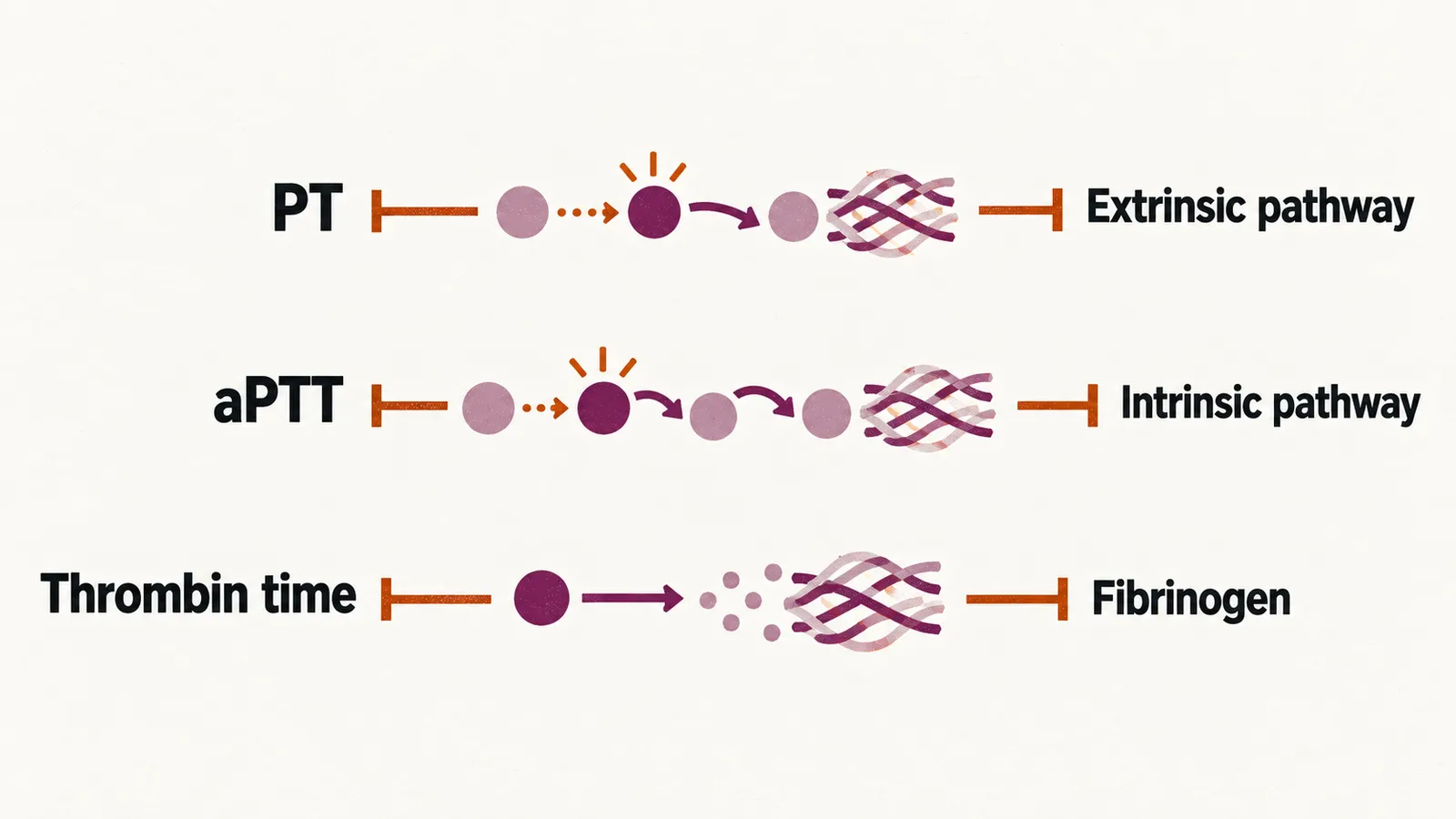 Three rows pair each coagulation test with the part it measures, PT with the extrinsic pathway, aPTT with the intrinsic pathway, and thrombin time with fibrinogen.