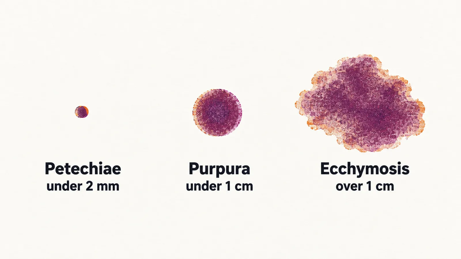 Three spots grow left to right from a pinpoint labelled petechiae to a small purpura spot to a broad ecchymosis blotch, with their size limits beneath.