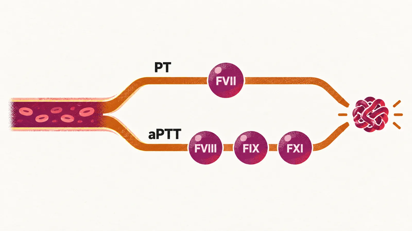 A pathway splitting into a PT arm with FVII and an aPTT arm with FVIII, FIX and FXI, each ending in a clot.