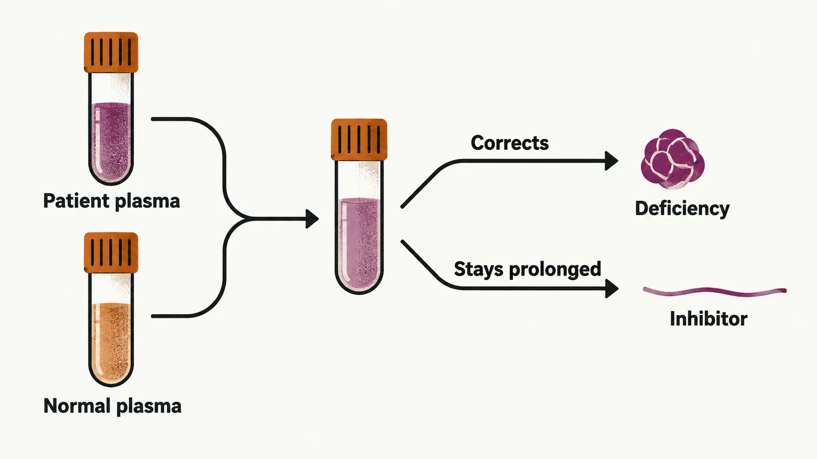 A mixing test: patient plasma and normal plasma combined, correcting in deficiency but staying prolonged with an inhibitor.