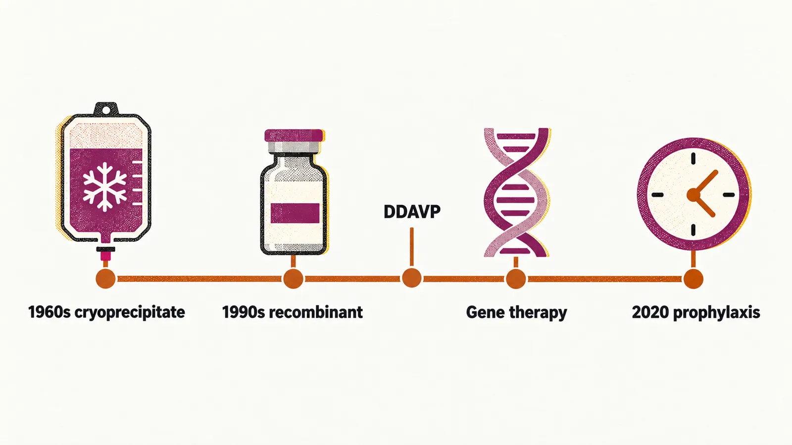 A treatment timeline from cryoprecipitate in the 1960s through 1990s recombinant factors, DDAVP and gene therapy to routine prophylaxis from 2020.