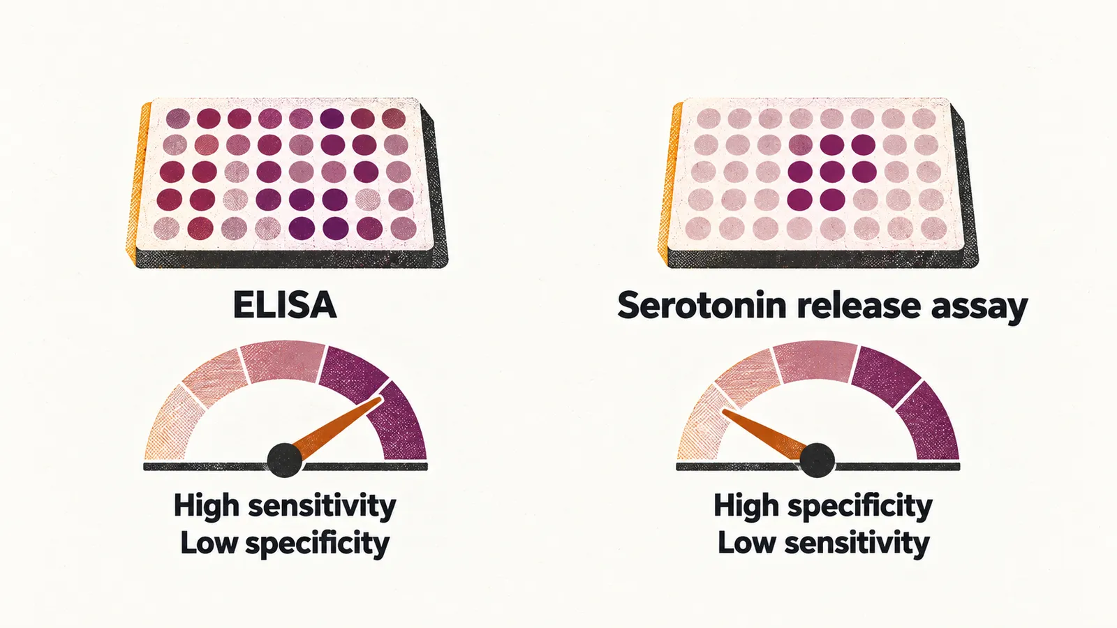 Two assay panels, ELISA with high sensitivity and low specificity, and the serotonin release assay with high specificity and low sensitivity.