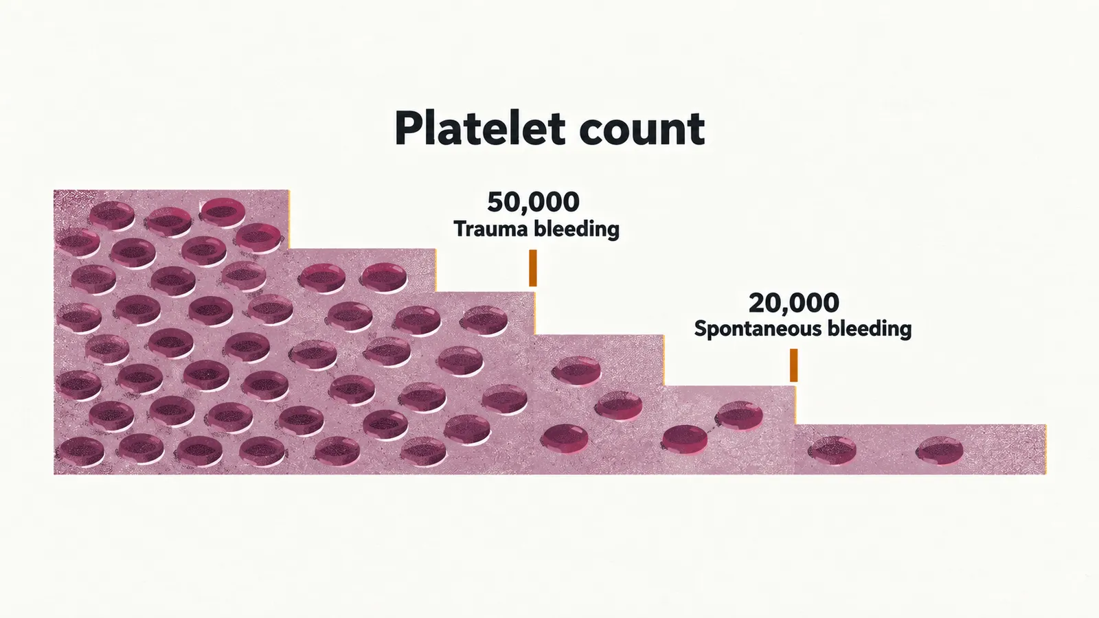 A descending staircase of platelet discs, denser at the left and thinner at the right, with two saffron tick marks labelled 50,000 and 20,000.