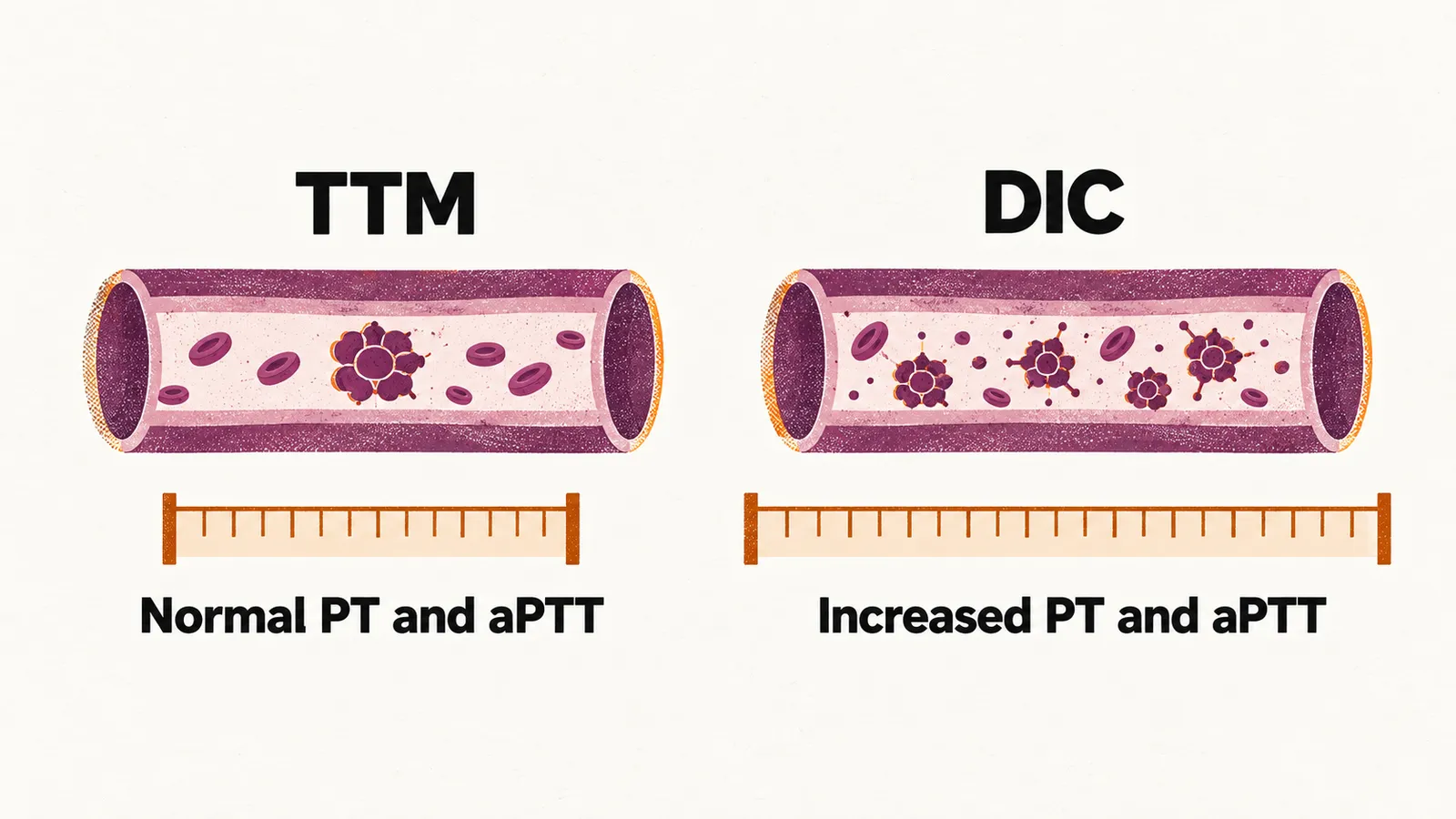Two panels comparing TTM with a normal PT and aPTT against DIC with increased PT and aPTT.