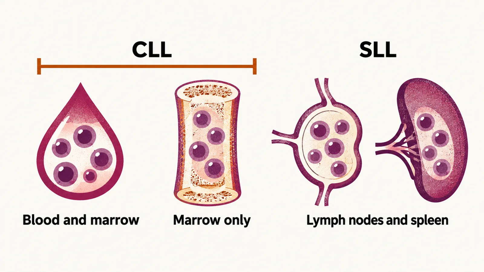 Three panels: a blood drop and marrow cylinder both holding cells for CLL, a marrow cylinder alone for marrow-only CLL, and a lymph node with a spleen for SLL.