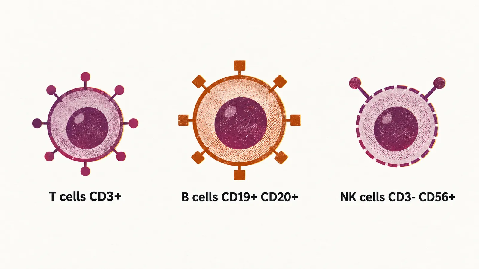 Three round lymphocyte cells in a row, each with surface marker pegs and a label naming its lineage: T cells CD3+, B cells CD19+ CD20+ on a larger cell, and NK cells CD3- CD56+.