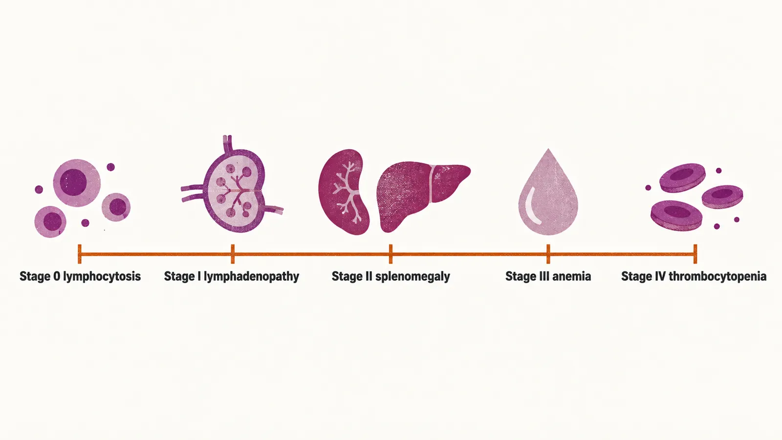 Five stations along a horizontal line: Stage 0 lymphocytosis, Stage I lymphadenopathy, Stage II splenomegaly, Stage III anemia and Stage IV thrombocytopenia.