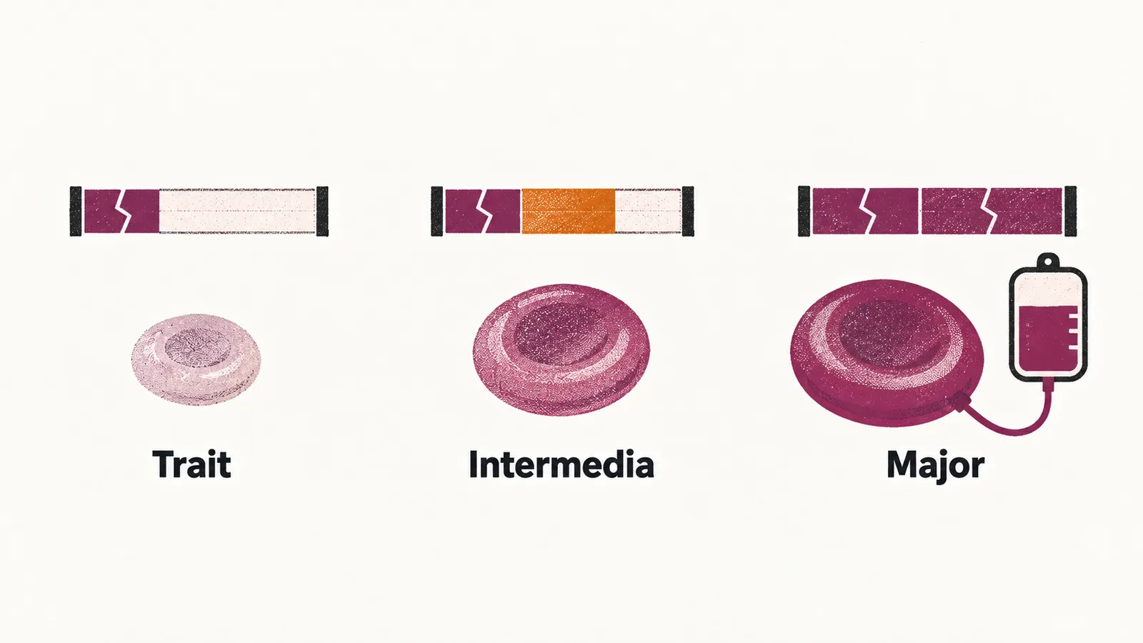 Three panels left to right: a mild trait with one mutated gene, an intermediate form, and a severe major form with a transfusion bag.