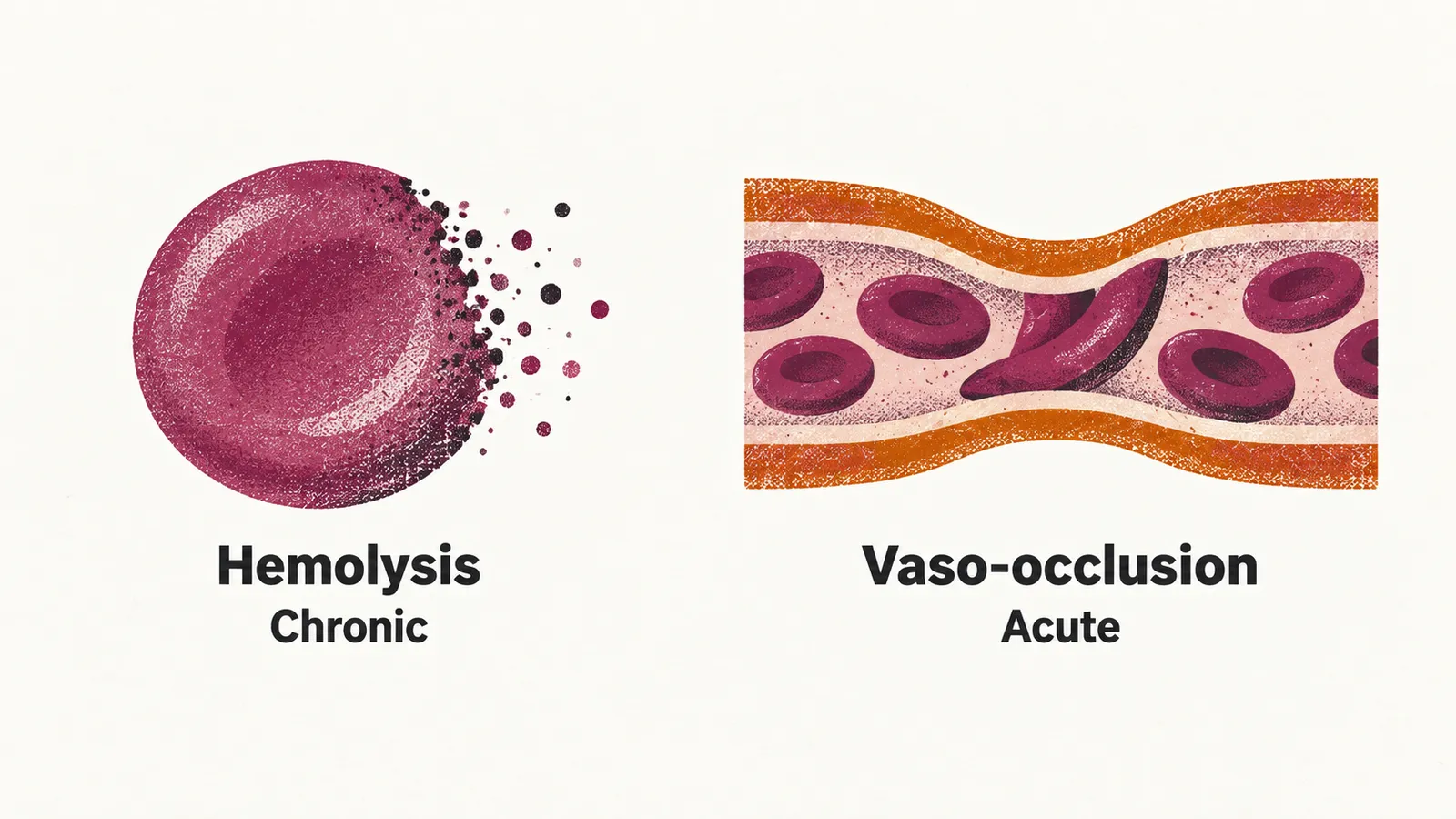 Two panels side by side, one red cell shedding grains for hemolysis and one crescent cell blocking a narrow vessel for vaso-occlusion.