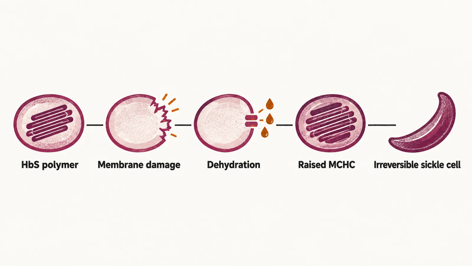 A left-to-right chain of five stages from an HbS polymer through membrane damage and dehydration to a raised MCHC and an irreversible sickle cell.