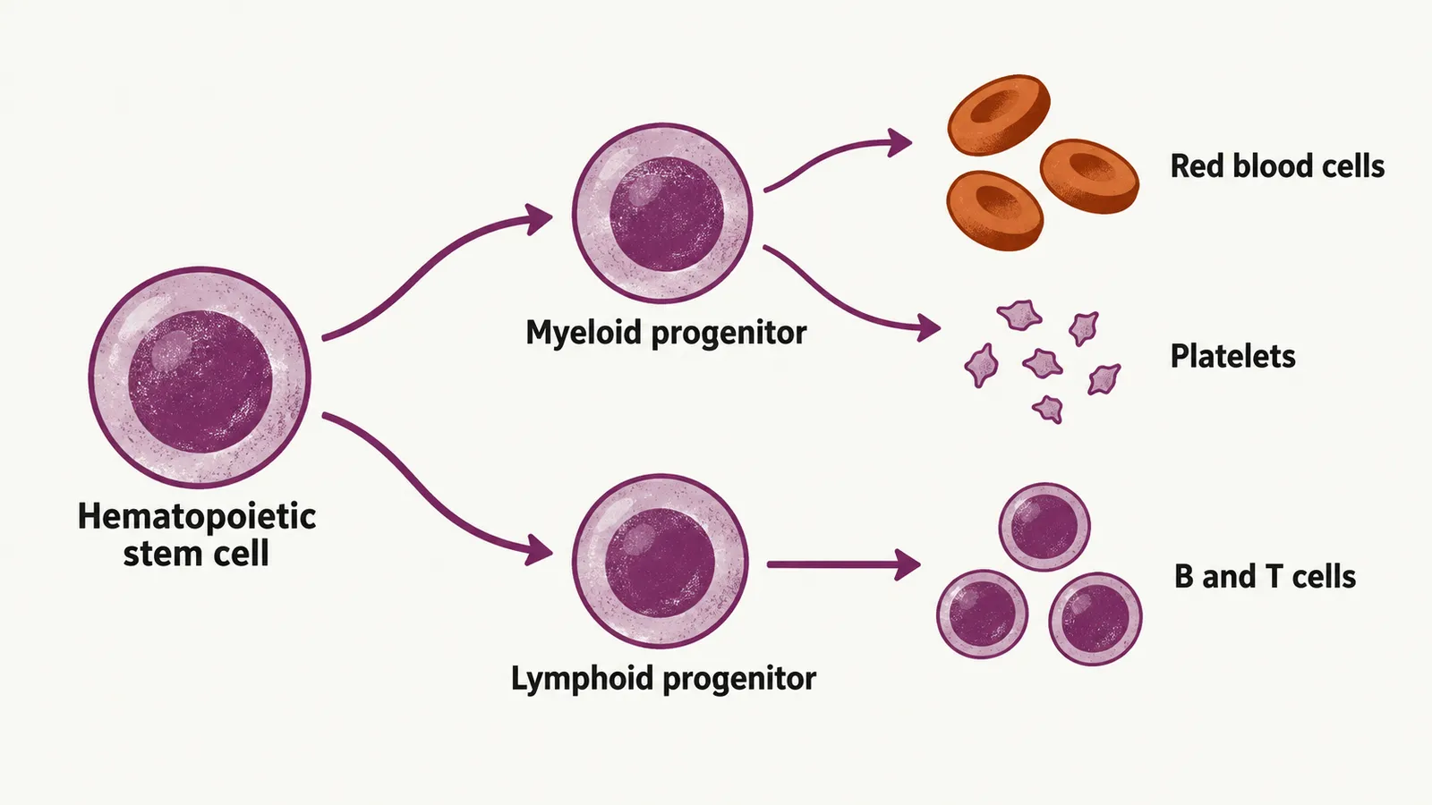 A stem cell branching to a myeloid progenitor that yields red cells and platelets, and a lymphoid progenitor that yields B and T cells.