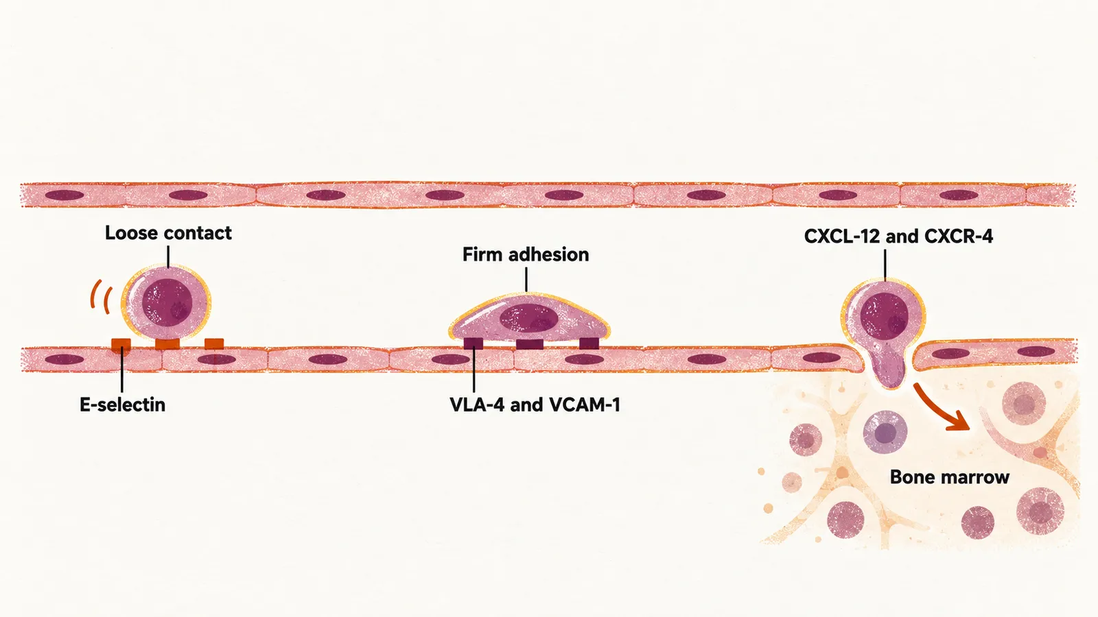 A stem cell touching a vessel wall, then sitting flat on it and crossing into bone marrow, with receptor labels along the way.