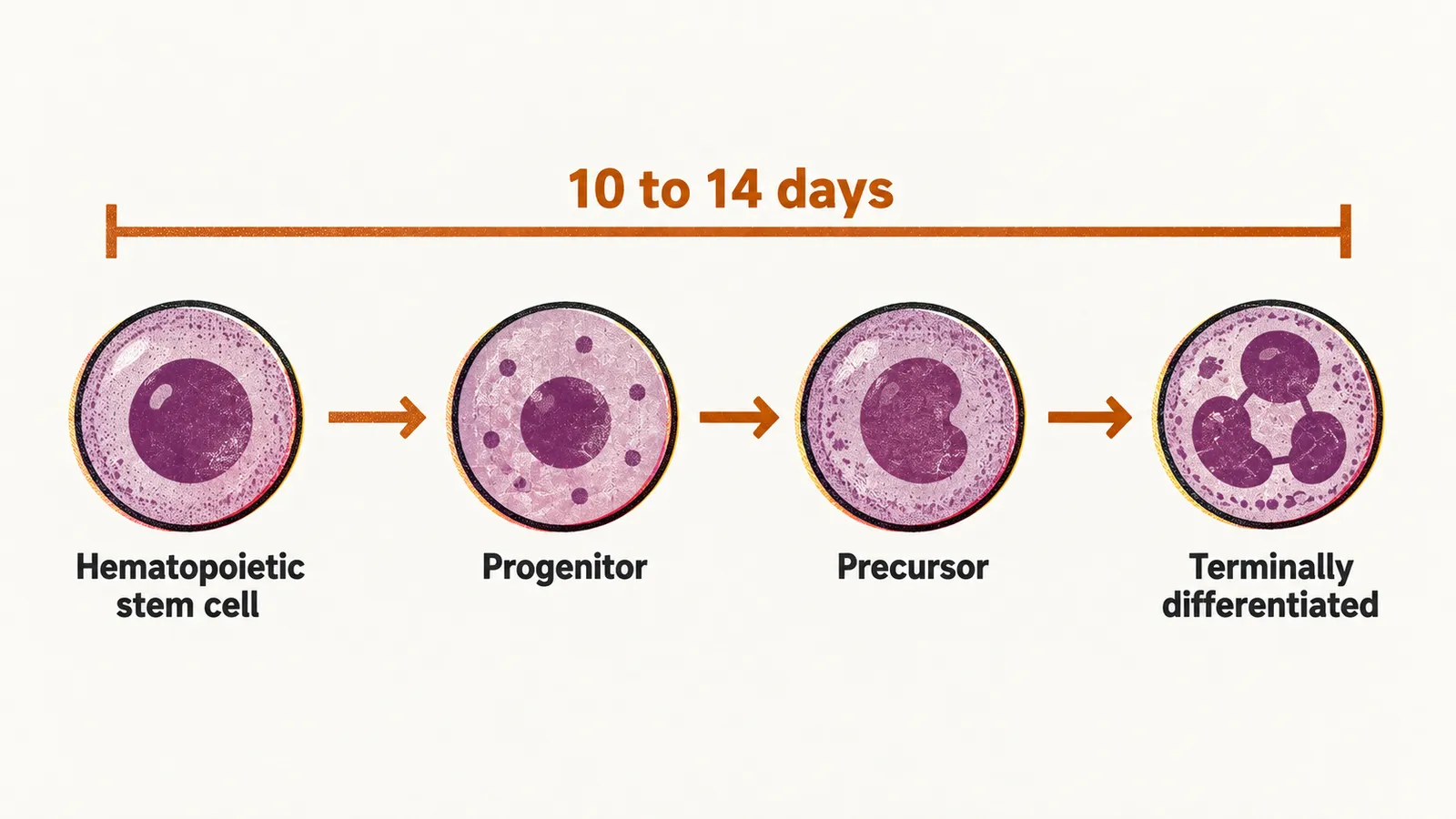 A left-to-right path of stem cell, progenitor, precursor and terminally differentiated cell, spanned by a time bracket.