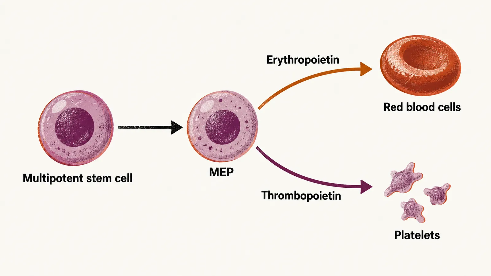 A stem cell leading to a shared MEP that branches under erythropoietin to red cells and under thrombopoietin to platelets.