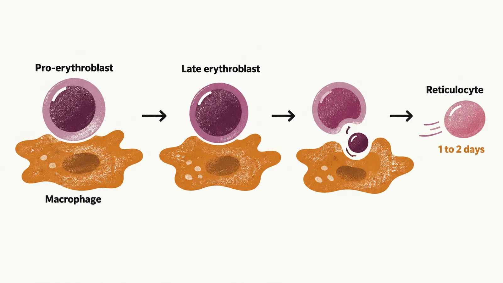 Stages on a macrophage, a pro-erythroblast and a late erythroblast expelling its nucleus, then the reticulocyte leaving.