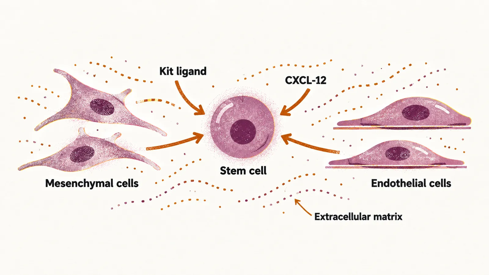 A central stem cell with mesenchymal and endothelial cells and dotted matrix around it, and labelled signal arrows pointing in.