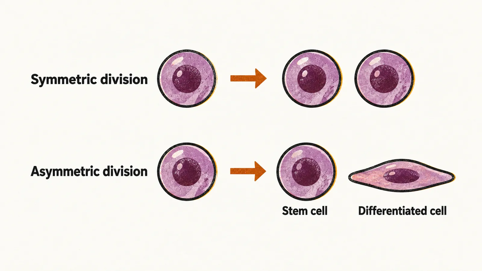 Two division rows, symmetric division giving two identical stem cells and asymmetric division giving one stem cell and one differentiated cell.