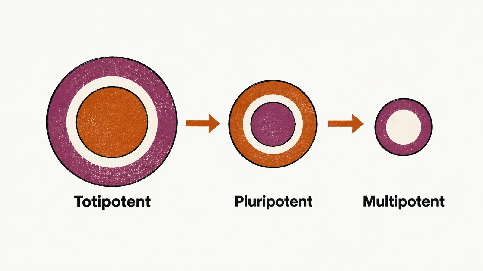 Three panels of nested rings that shrink from left to right, labelled totipotent, pluripotent and multipotent.