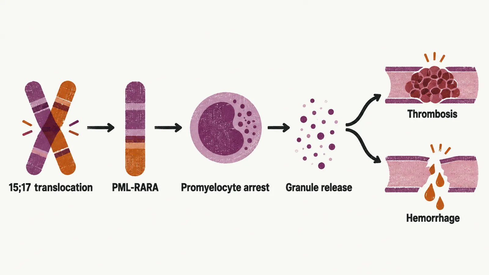 A pathway from two crossing chromosomes into a fused gene, an arrested promyelocyte, released granules, and two outcomes, thrombosis and hemorrhage.