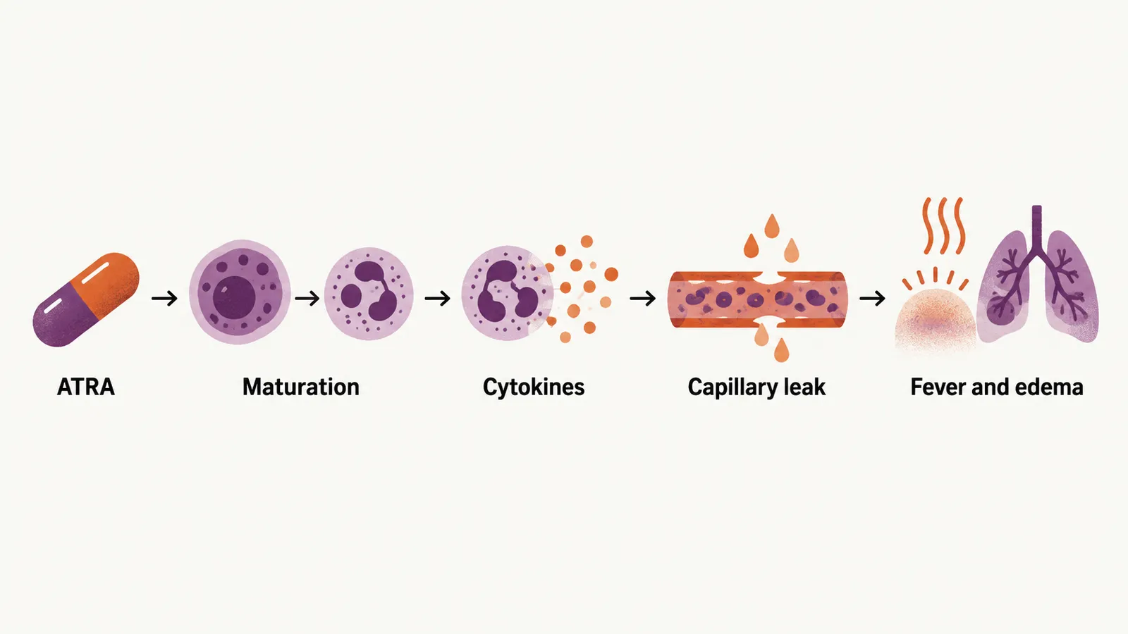 A pathway from ATRA, through cell maturation and cytokine release, to a leaking capillary and fluid in the tissues.