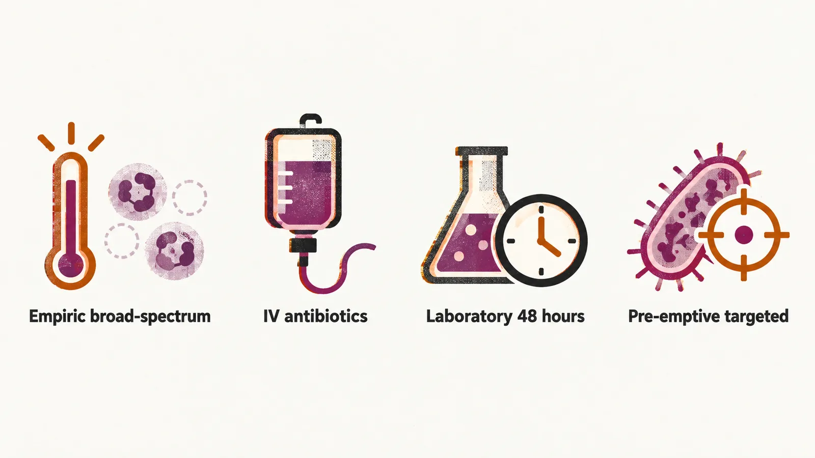 A left to right path from empiric broad-spectrum IV treatment, through 48 hours of laboratory testing, to pre-emptive treatment aimed at the organism found.