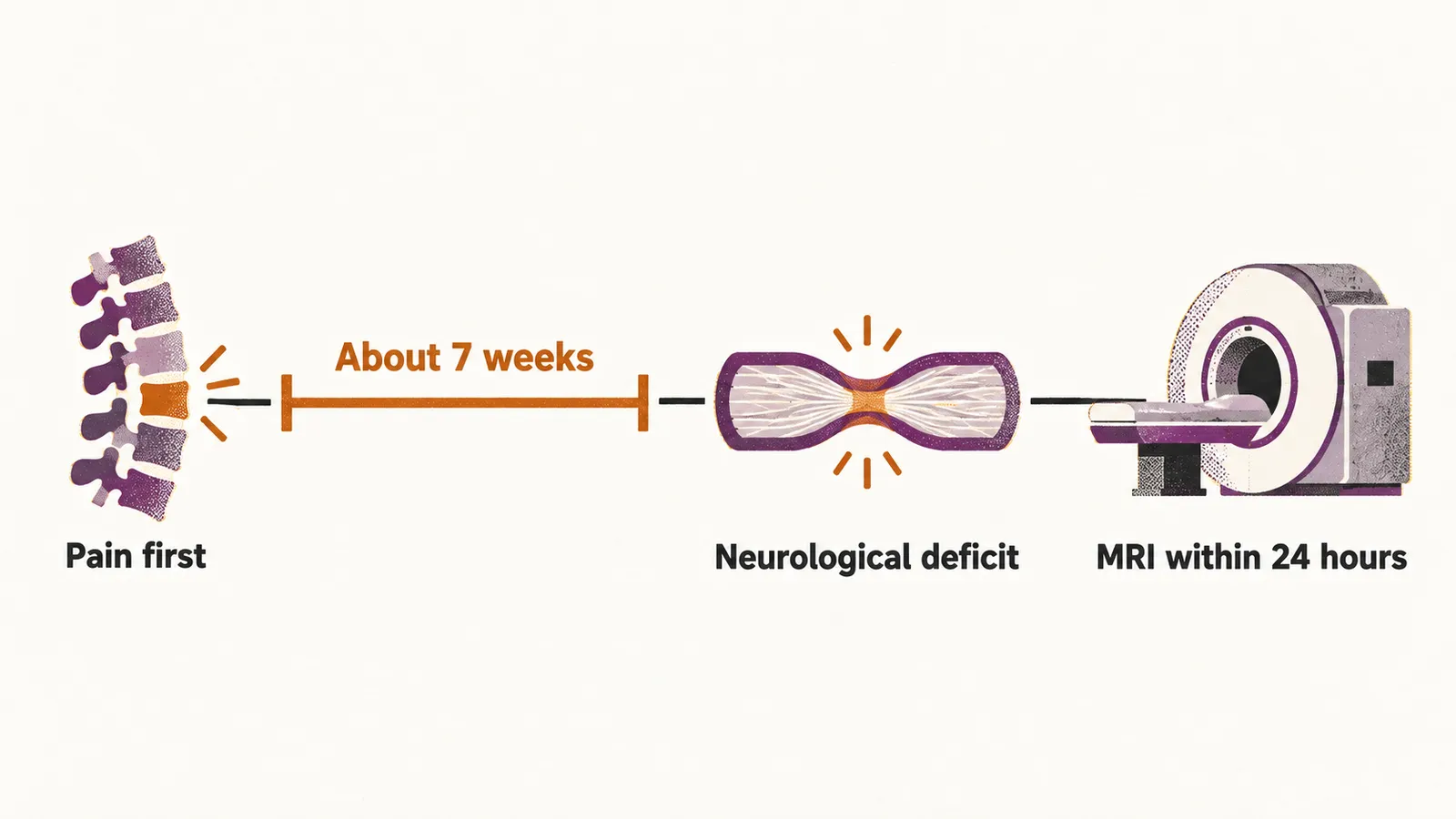 A left to right timeline showing pain first, a gap of about 7 weeks, then neurological deficit and an urgent MRI scan.