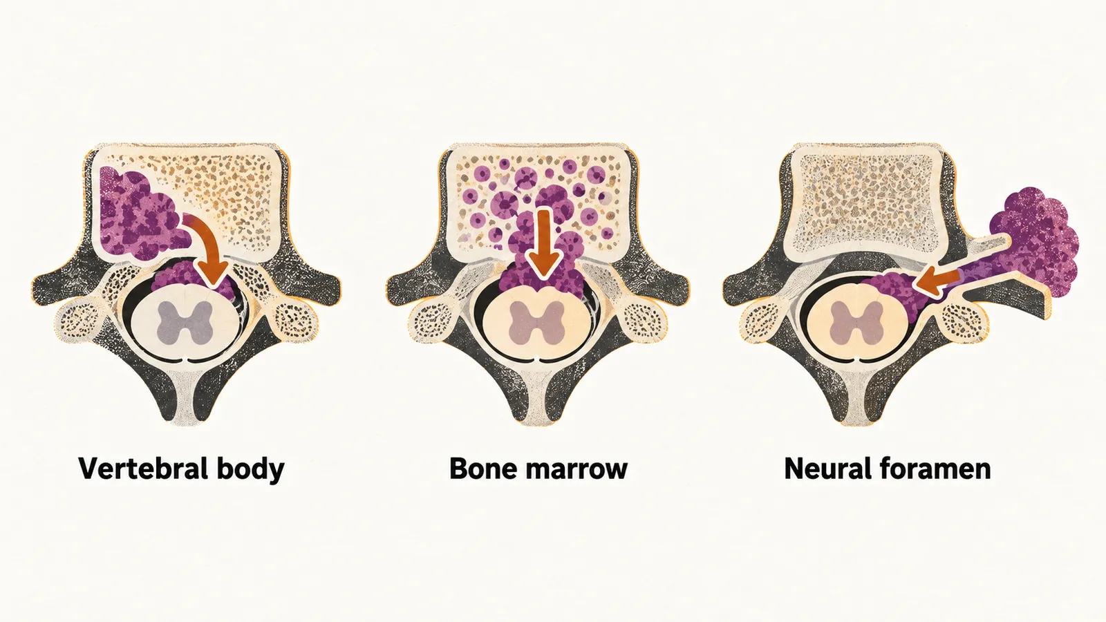 Three panels showing a tumor reaching the canal from a vertebral body, from bone marrow, and through a neural foramen.