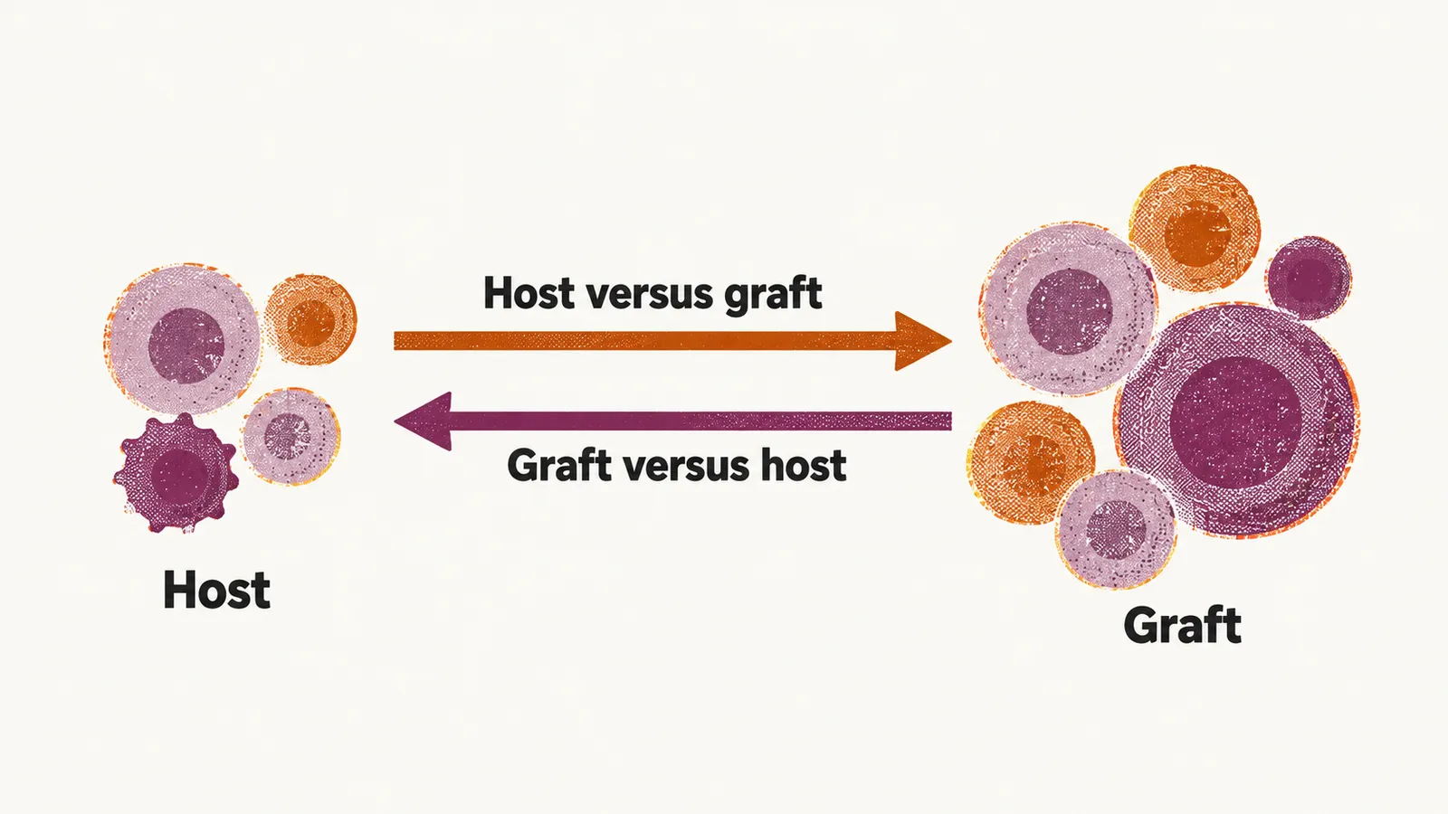 Two cell groups, a smaller host group at the left and a larger graft group at the right, with arrows crossing the gap in both directions.