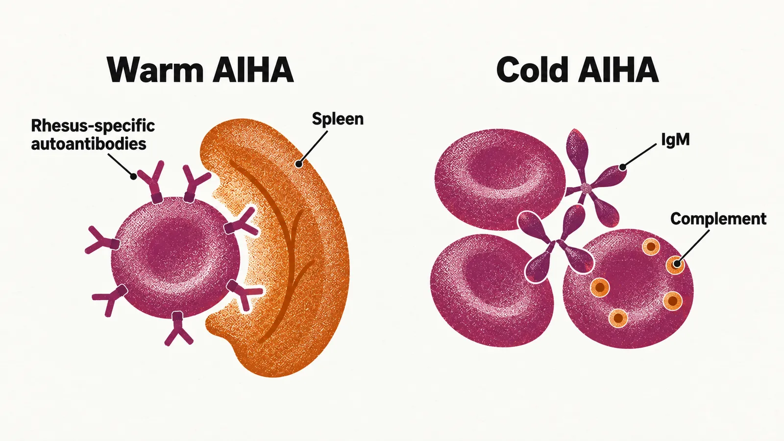 Two panels: a disc coated with Rhesus-specific autoantibodies cleared by a spleen, and a cold disc clumped by IgM with complement attacking it.