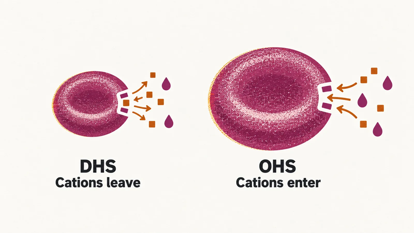 Two cells side by side: a shrunken cell with cations and water leaving through an open channel, and a swollen cell with cations and water entering.