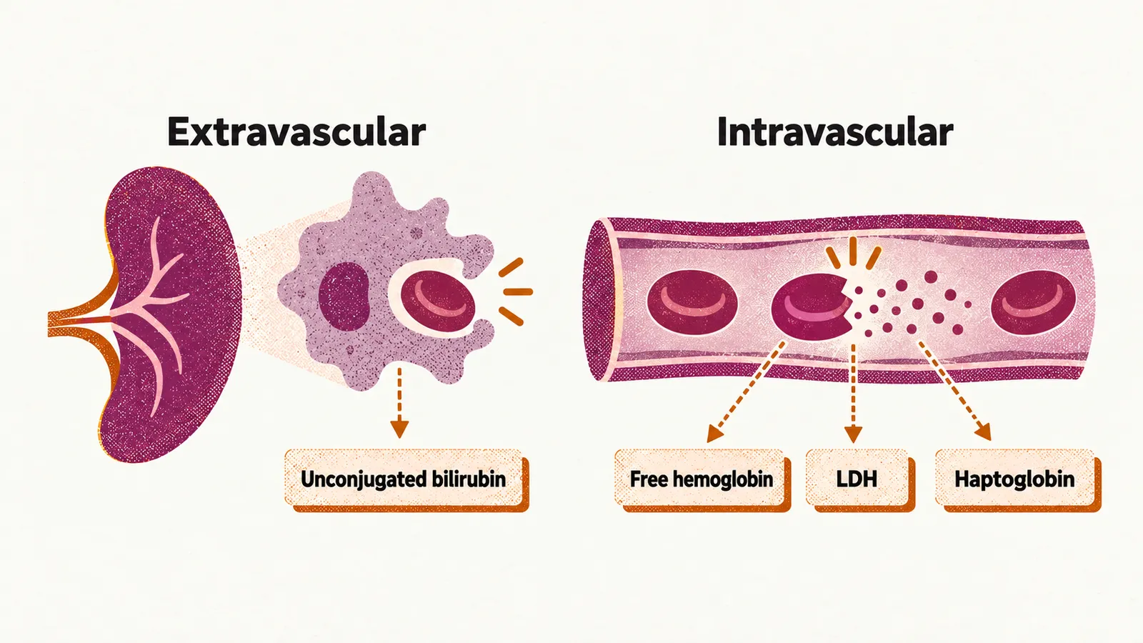 Two panels: a spleen engulfing a red disc with unconjugated bilirubin, and a vessel where a disc bursts releasing free hemoglobin, LDH and haptoglobin.