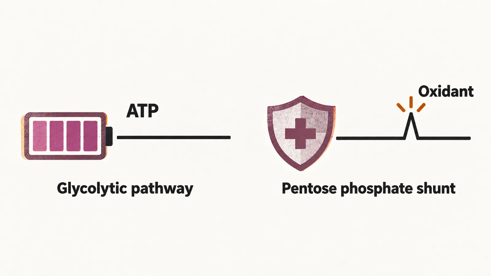 Two panels: a battery with a steady line for ATP from the glycolytic pathway, and a shield with a spiked line for the pentose phosphate shunt after an oxidant.