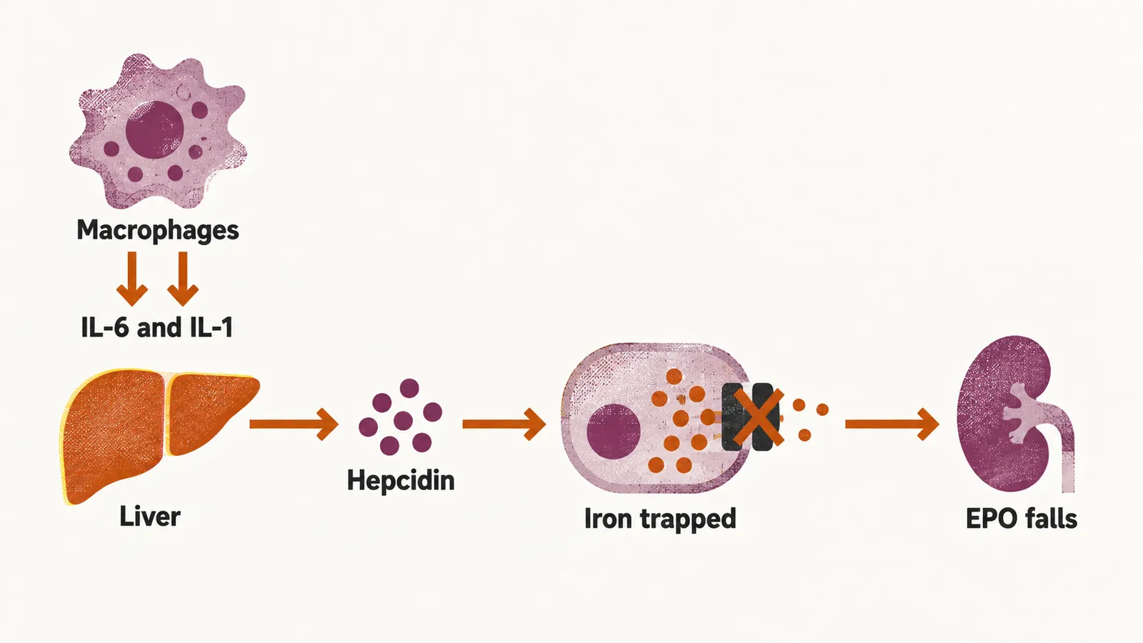 A pathway from macrophages through IL-6 and IL-1 to the liver, which releases hepcidin that traps iron in cells, with EPO falling.