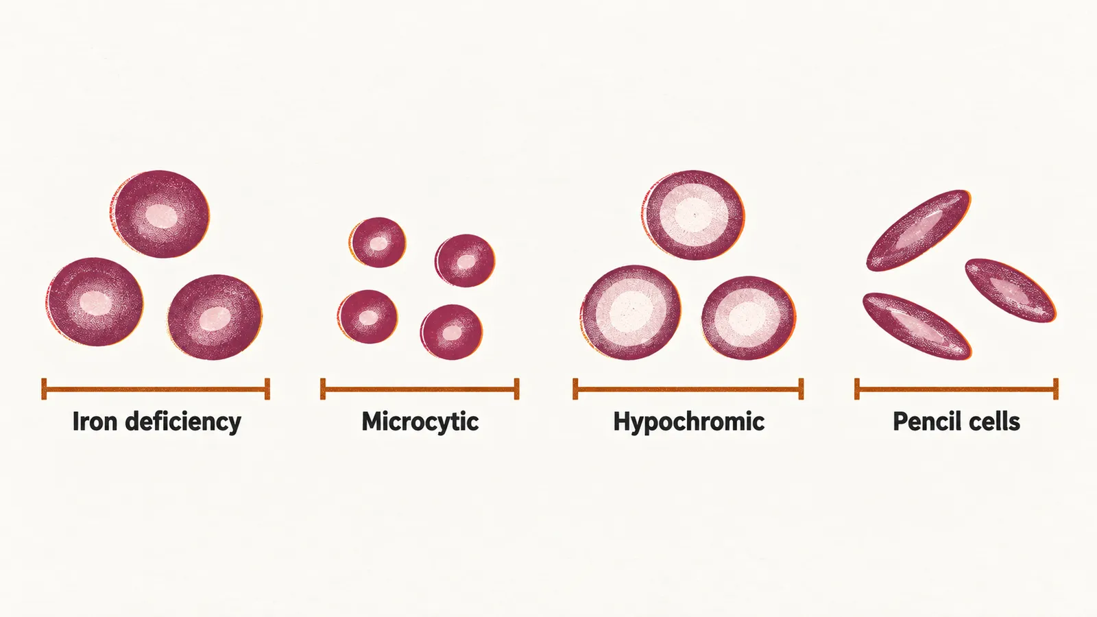 Round pale-centred red cells beside smaller, paler cells and a few pencil-shaped cells, with brackets naming microcytic, hypochromic and pencil cells.