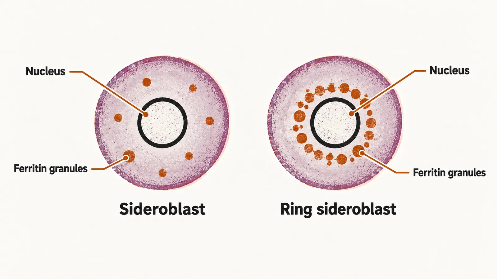 Two round cells each with a nucleus, one with a few scattered granules and one with granules arranged in a ring around the nucleus.