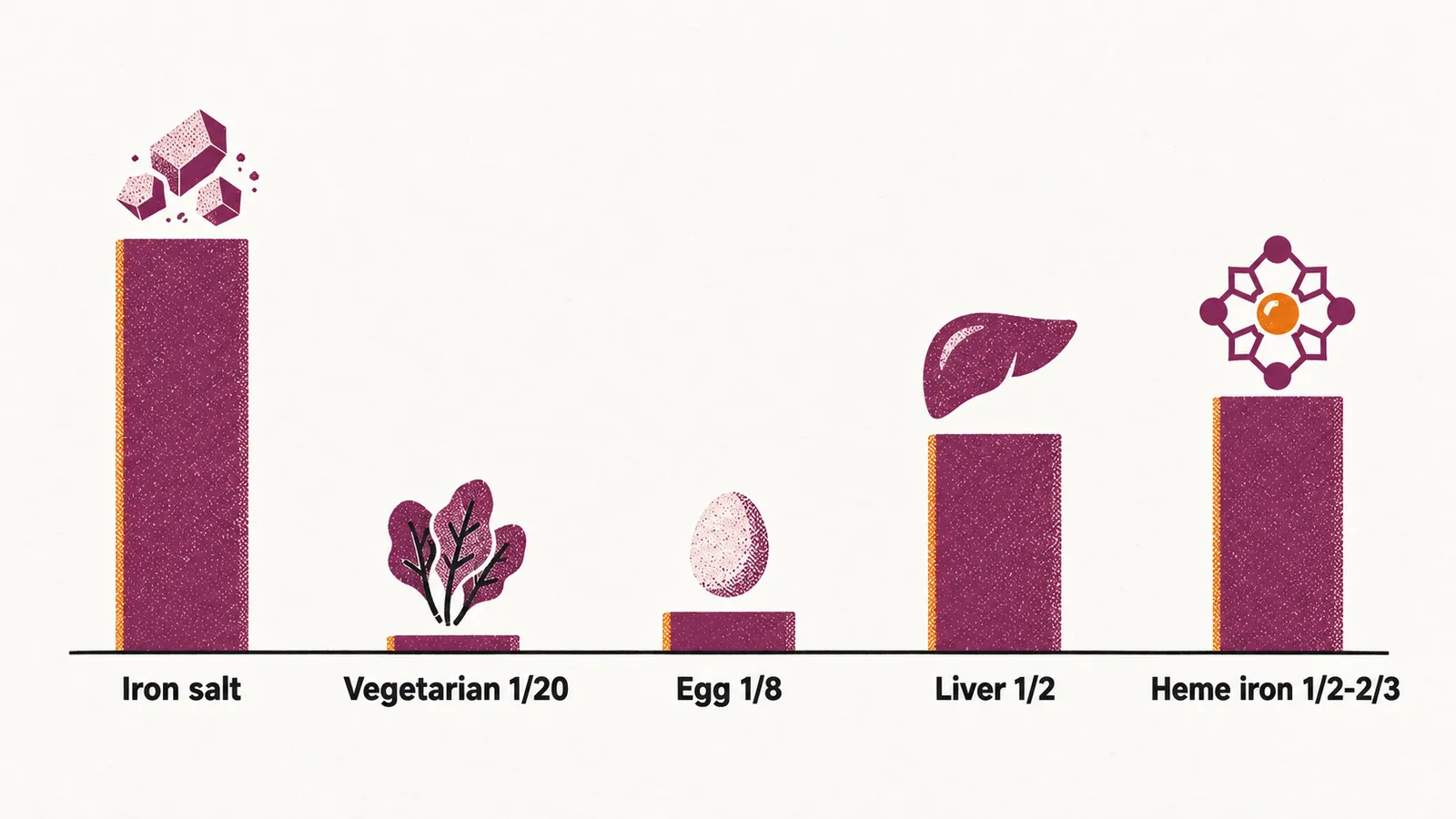 Four food icons with bars rising against a full reference bar, labelled iron salt, vegetarian, egg, liver and heme iron.