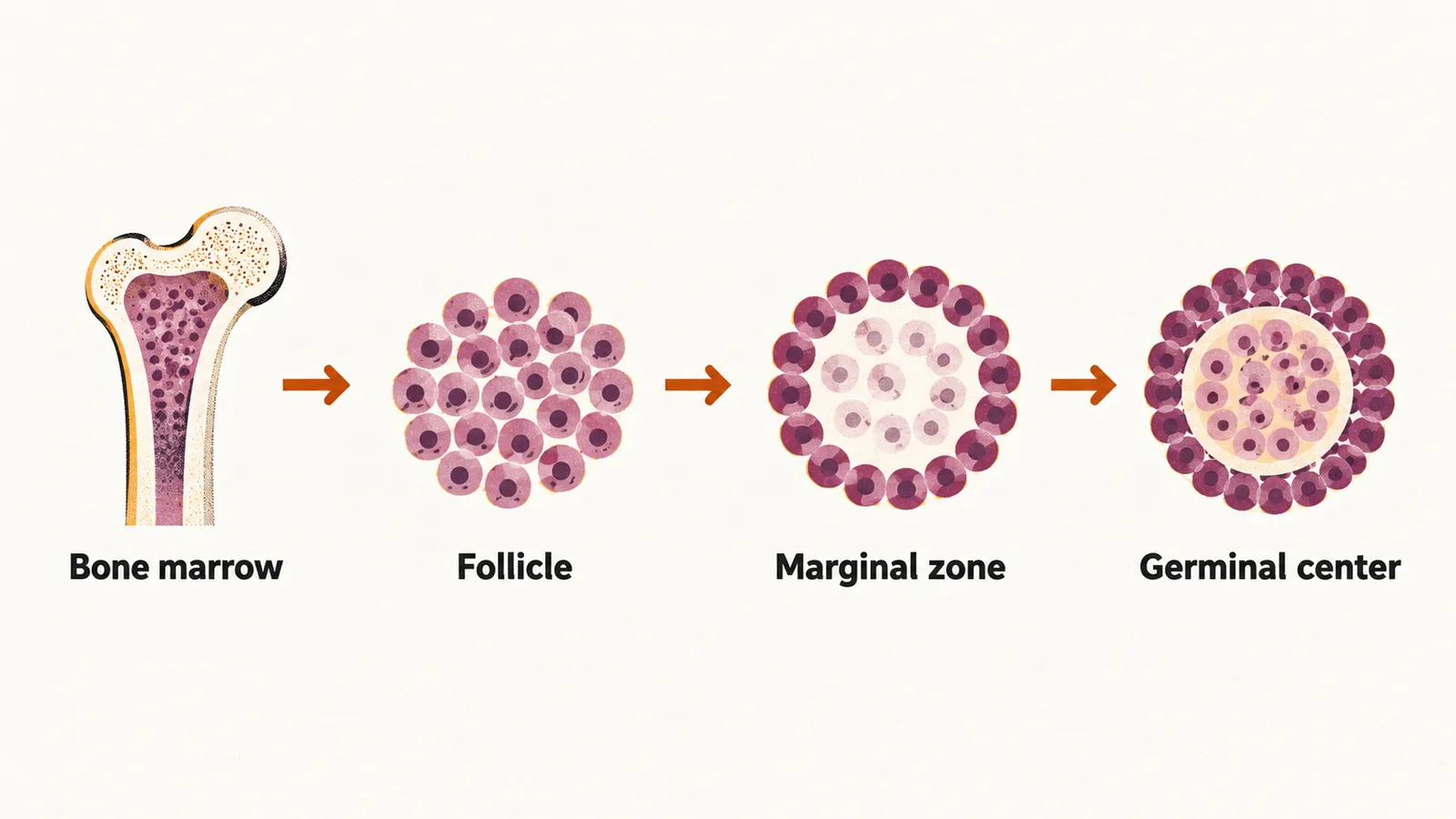 Four linked panels show the order of B-cell maturation, from the bone marrow to the follicle, the marginal zone and the germinal center.