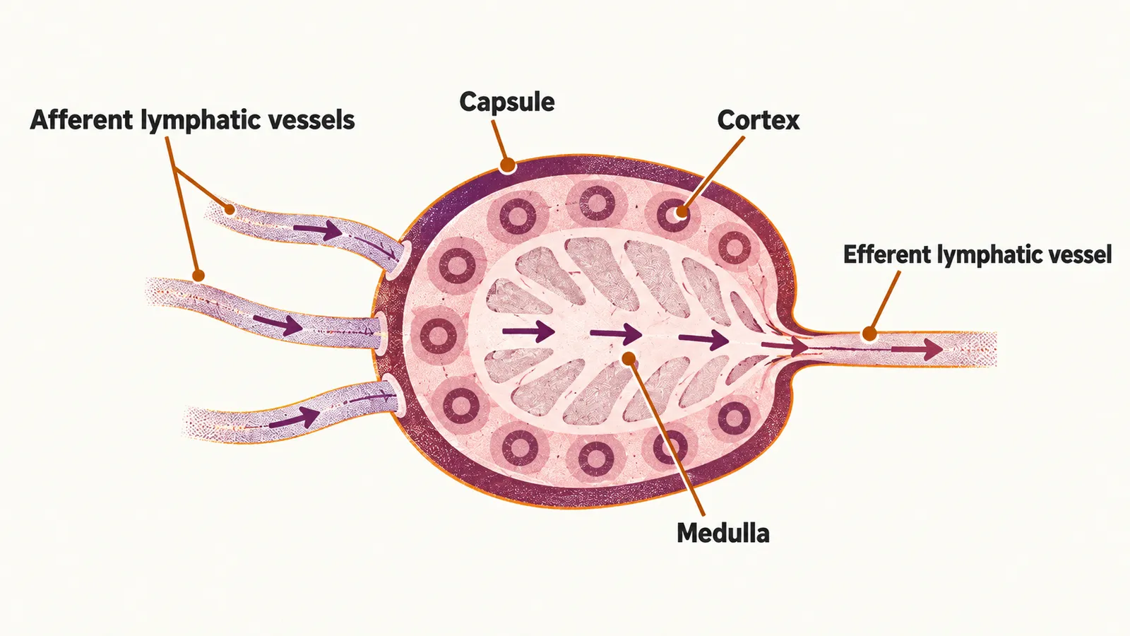 Lymph enters a bean-shaped node through afferent vessels that pierce the capsule, filters through the cortex and medulla, and leaves by one efferent vessel at the hilum.