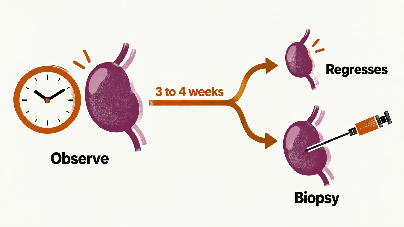 A path shows an enlarged node observed for 3 to 4 weeks; a regressed node needs no further step, and a node that does not regress is biopsied.