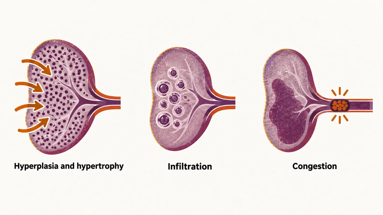 Three spleens show the ways it enlarges, denser working tissue, abnormal cells gathered inside, and blood pooled from a blocked vein.