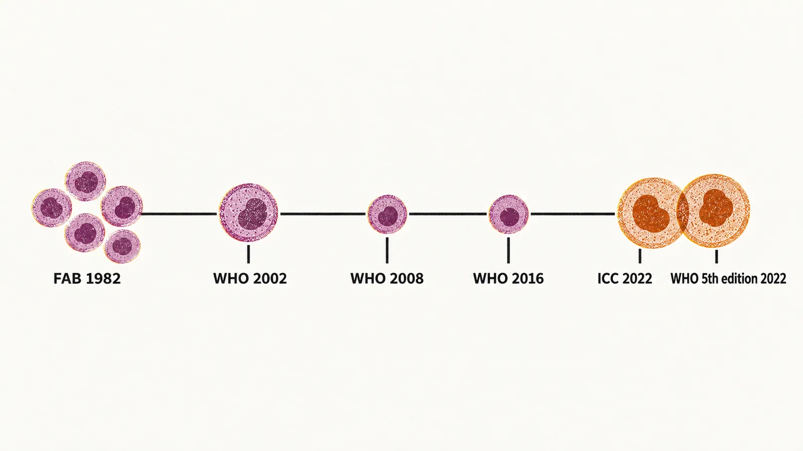 A horizontal timeline with a marker for each MDS classification, labelled FAB 1982, WHO 2002, WHO 2008, WHO 2016, ICC 2022 and WHO 5th edition 2022.
