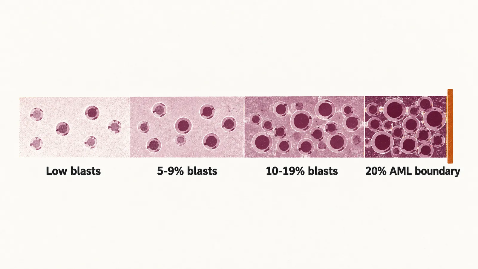 A horizontal blast-count axis divided into bands labelled low blasts, 5-9% blasts and 10-19% blasts, ending at a 20% AML boundary rule.