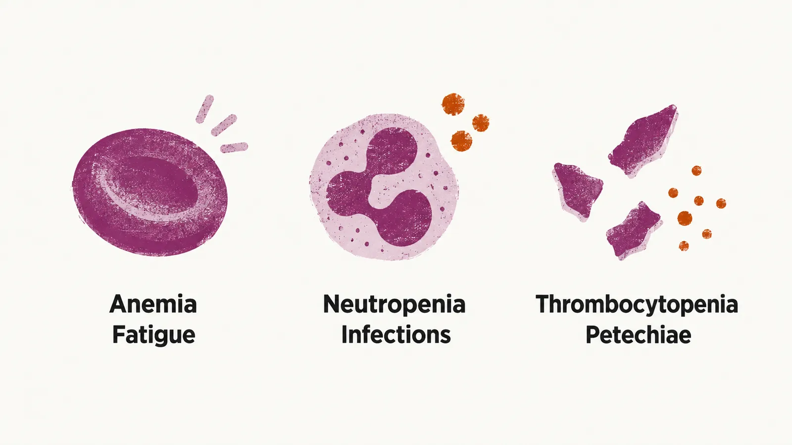 Three labelled panels in a row: a red-cell disc with a fatigue mark for anemia, a neutrophil with infection dots for neutropenia, and platelets with petechiae spots for thrombocytopenia.